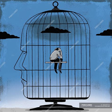 Depressed Man Inside Head Shaped Birdcage — Caged Sitting Stock