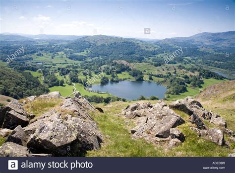Panoramic View From Rock Outcrop Loughrigg Terrace Fell To Path Around