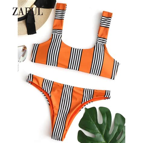 Zaful Striped Bikini Knot Women Swimsuit Padded Swimwear Sexy Scoop Neck Sexy Thong Bottom
