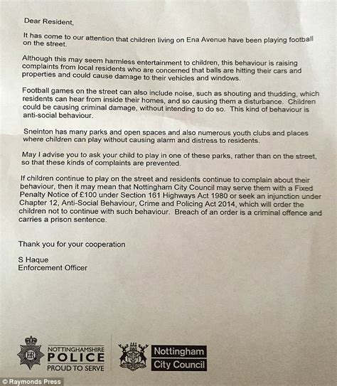 Guide, letter example, grammar checker, 8000+ letter samples. Nottinghamshire police ban children from playing football in their street | Daily Mail Online