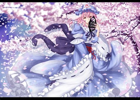 Cherry Blossoms Flowers Hat Long Hair Pink Eyes Pink Hair Saigyouji