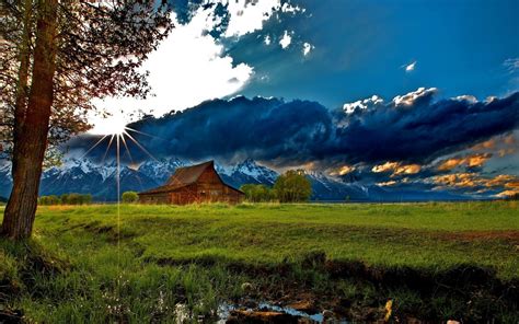 Wallpaper Grass Trees Field River Sky Clouds Building 1920x1200