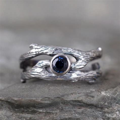 Blue Sapphire Twig Style Engagement Ring And Wedding Band Set