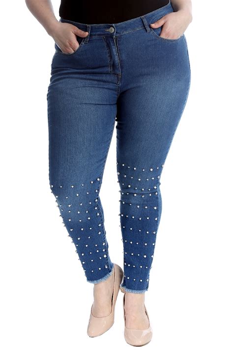 New Womens Jeans Plus Size Ladies Pearls Trousers Straight Leg Bottoms