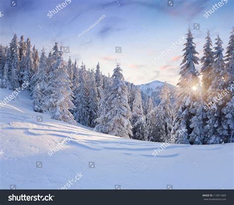 Beautiful Winter Landscape Mountains Sunrise Stock Photo