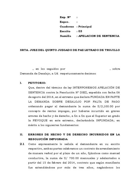 Recurso De Apelacion Desalojo Pdf Sentencia Ley Apelación