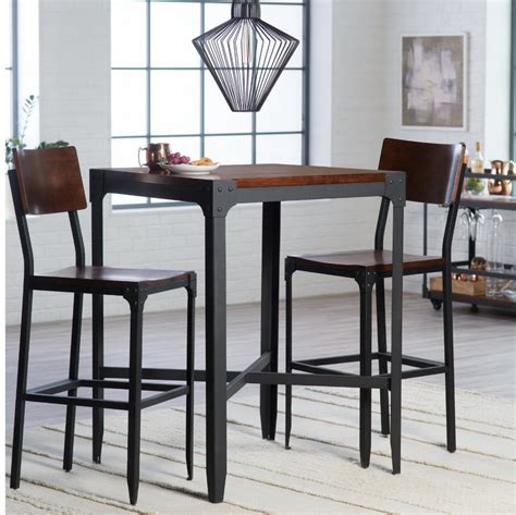 Industrial Style 3 Piece Pub Table Set Features Black Finished Iron