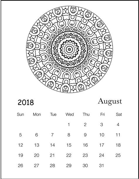 Printable August 2018 Kids Calendar | Mandala coloring ...