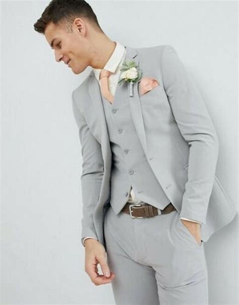 Men Light Grey 3 Piece Fashion Formal Suit Slim Fit Two Button Wedding