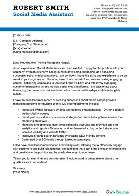 Social Media Assistant Cover Letter Examples Qwikresume