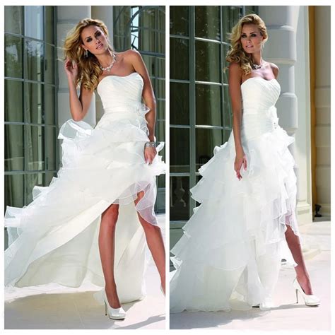 white high low beach tulle wedding gowns curved neckline sleeveless cascading ruffles tiered