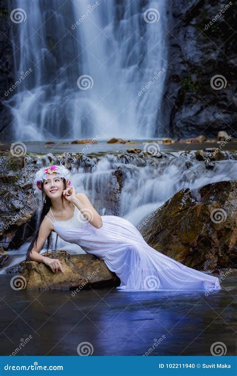 Beautiful Girl With Waterfall Stock Photo Image Of Freedom Pool