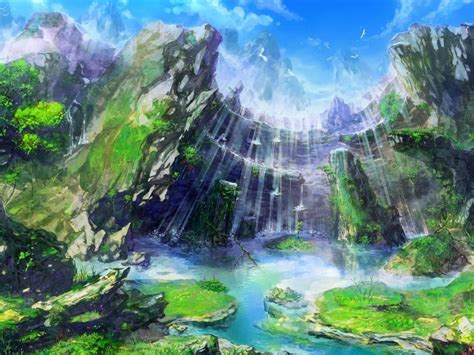Cliffs Waterfalls Stream Natur Wallpapers Anime Scenery Fantasy