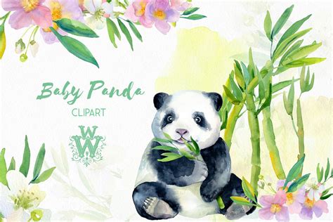 Watercolor Baby Panda Bear Clipart Bamboo Cute Animal