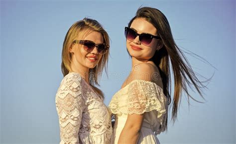 Beautiful Women On Sunny Day Blue Sky Background Sisterhood And Female