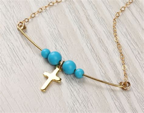 Turquoise Bar Necklace Gold Cross Necklace Gold Filled Etsy