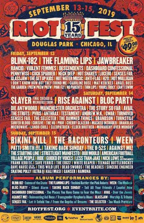 My chemical romance, lupe fiasco, run the jewels and more though riot fest is skipping this year due to the ongoing coronavirus pandemic, the chicago musical for more related news, lollapalooza is replacing this year's festival with a virtual event. Riot Fest 2019 announces Daily Lineups, limited time $50 ...