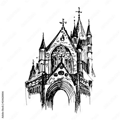 Gothic Architecture Hand Drawn Gothic Cathedral Vector Illustration
