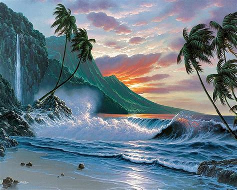 Tropical Ocean Waves Trees Clouds Palm Trees Sea Beach Sand