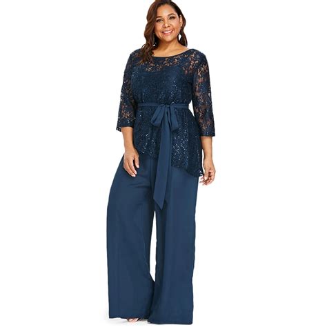 Women Plus Size Wide Leg Jumpsuit With Lace Blouse Casual Solid Belted