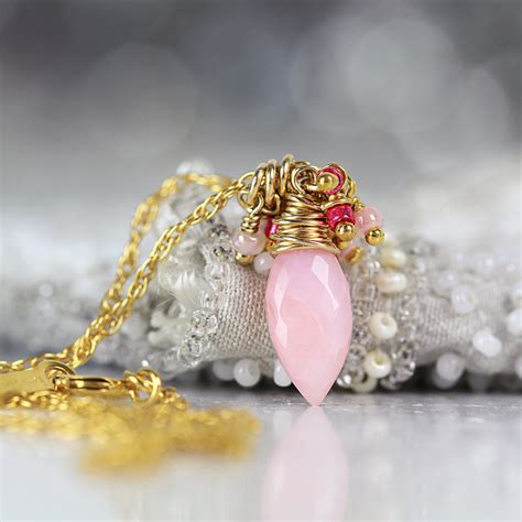 Pink Opal Pendant Necklace Dainty Cluster Necklace Pink Opal