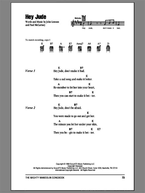 Hey jude was released as single number one for the label apple records, which belonged to the beatles. Beatles - Hey Jude sheet music for mandolin (chords only) PDF