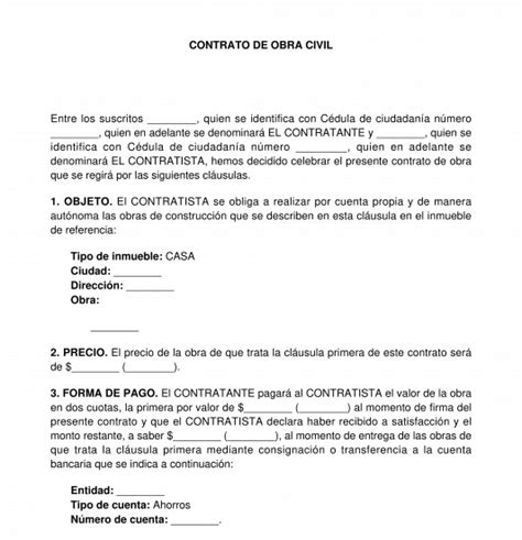 Modelo Contrato De Obra Civil Entre Particulares Colombia Actualizado
