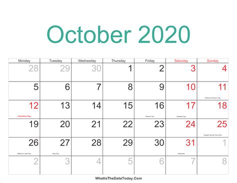 October 2020 Calendar Printable With Holidays Whatisthedatetodaycom