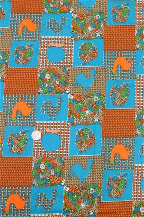 60s Vintage Cotton Print Fabric Country Calico Patchwork Roosters And Apples