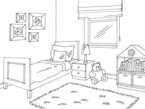 Bedroom Black White Graphic Interior Sketch Illustration Vector