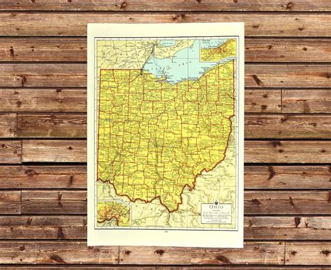 Vintage Ohio Map Of Ohio Wall Art Decor Frameable Ready To Etsy