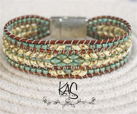 Beaded Leather Wrap Cuff Bracelet Turquoise And Cream Picasso Etsy