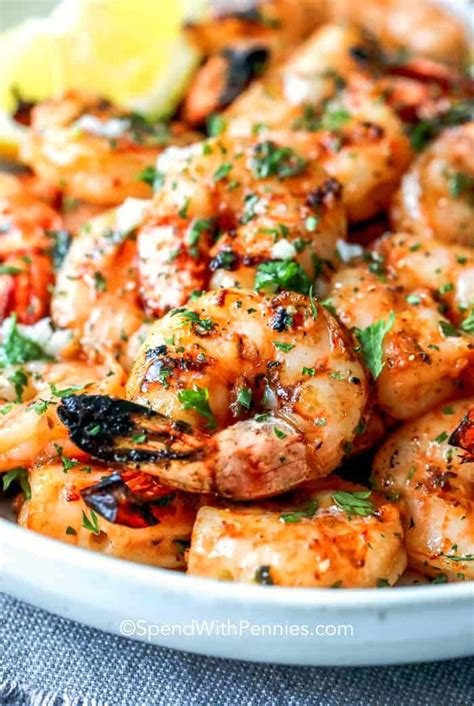 The absolute best shrimp marinade made with garlic, herbs, spices and lemon. Garlic Grilled Shrimp - Spend With Pennies
