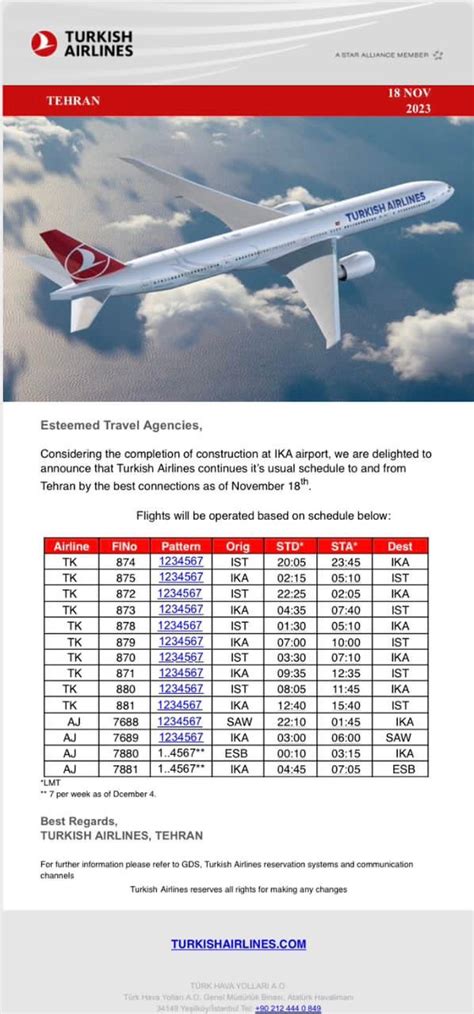 هواپیمایی ترکیش Turkish Airlines schedule to from Tehran in winter