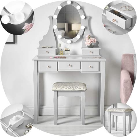 Carme Dressing Table With Mirror Led Lights 5 Drawers Stool Set Makeup