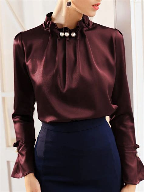 Stylewe Long Sleeve Dark Blue Women Blouses Polyester Stand Collar Elegant Elegant Date Beaded