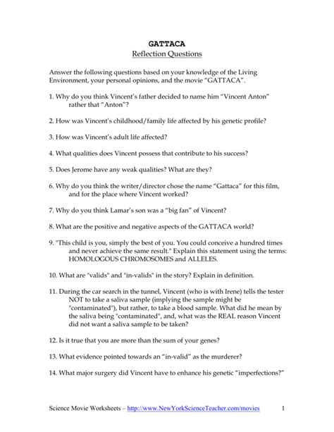Gattaca is the title of an american science fiction film released in 1997 starred by uma thurman and ethan hawke. Gattaca Movie Worksheet Answer Key | db-excel.com