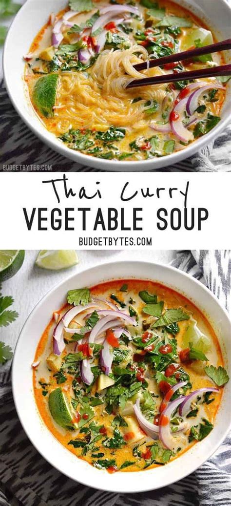 This colorful soup is a delight to serve the day after thanksgiving. Thai Curry Vegetable Soup | Budget Bytes | Bloglovin'