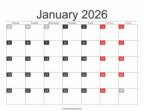 2026 January Calendar Printable Whatisthedatetodaycom