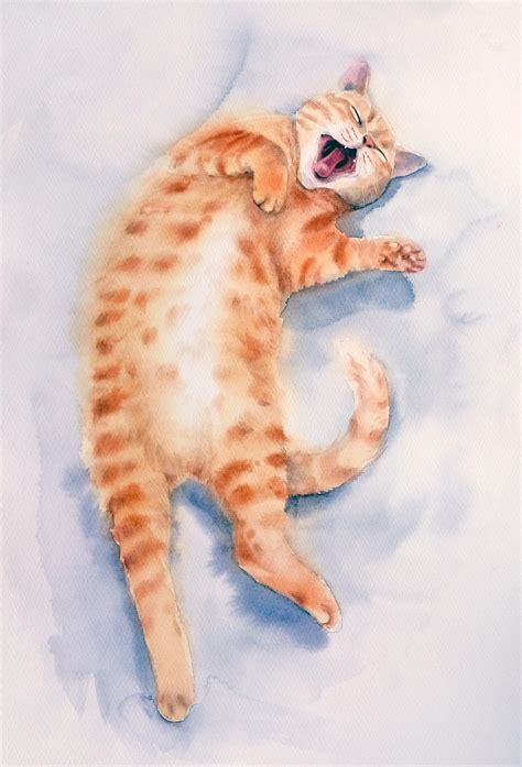 Yawning Ginger Cat Rwatercolor
