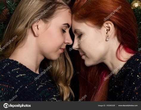 Girlfriends Spend Time Together Two Pretty Lesbians Girlfriends Kissing And Hugging In A Cozy