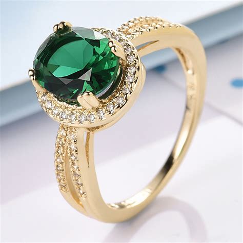 Oval Emerald Green Crystal 18k Gold Filled Women Lady Engagement Ring