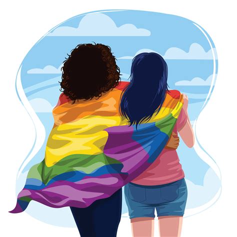 Lesbian Couple Hugging With Pride Lgbtq Flag 2373819 Vector Art At