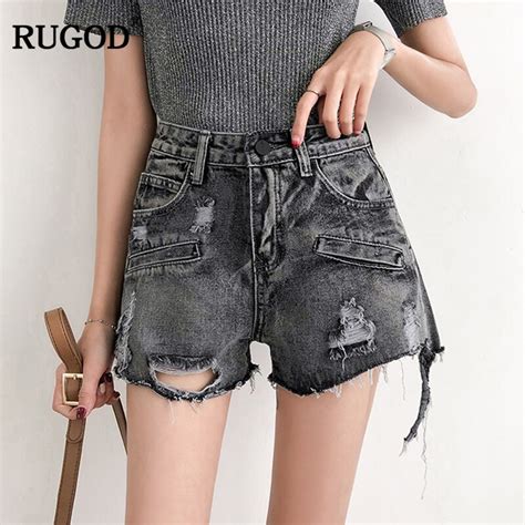 Rugod 2018 Vintage Ripped Hole Pocket Jean Shorts Women Summer Casual Middle Waist Frayed Tassel