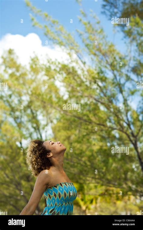 Woman Enjoying Fresh Air Outdoors Stock Photo Alamy