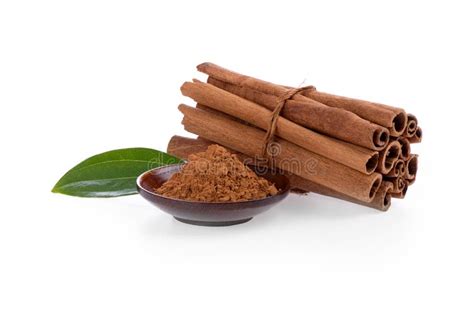 Cinnamon Green Leavesbark And Powder Isolated On White Background