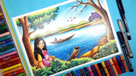 How To Draw Beautiful Scenery With Human Figure With Oil Pastel Step