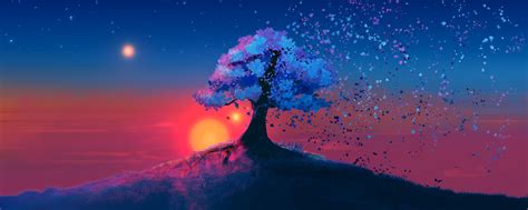 Download Wallpaper 2560x1024 Dark Tree Sunset Landscape Art Dual