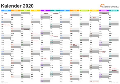 Jahreskalender 2021 mit wochennummern horizontal. EXCEL-KALENDER 2020 - KOSTENLOS
