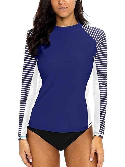 Charmo Women S Long Sleeve Rashguard Upf 50 Sun Protection Swimsuit Top Striped Swim Shirts